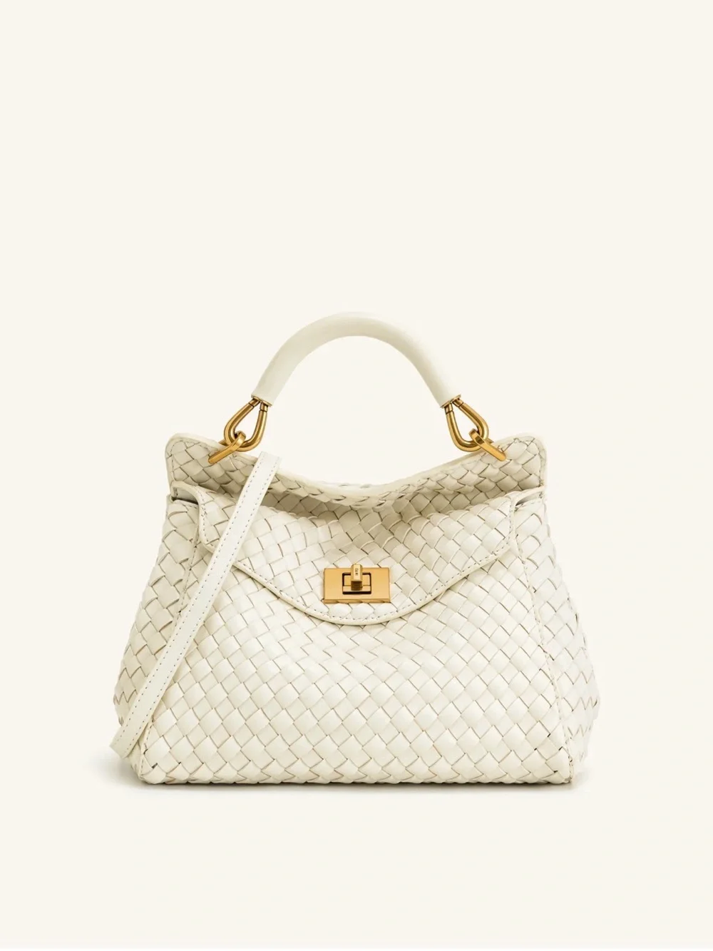 JW PEI Cream Woven Top-Handle Crossbody Bag with Gold Hardware
